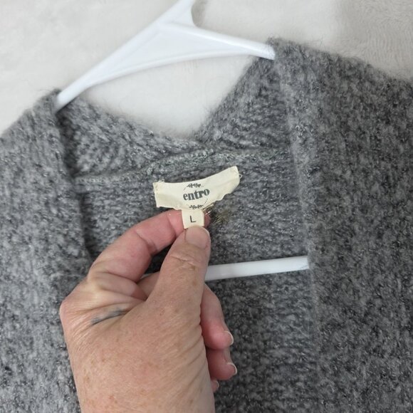 Entro Open Front Long Sweater Cardigan Women's L Beige Gray Striped - Picture 4 of 12